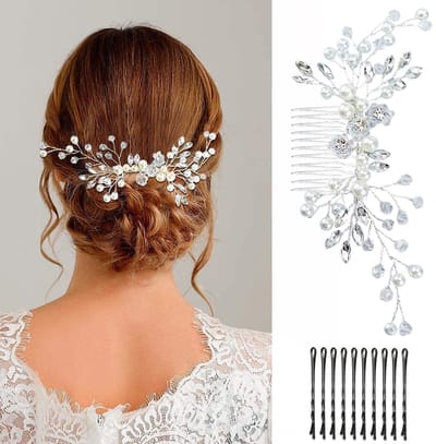 Dailygoods - Bruidssieraden bruiloft haarkam haaraccessoires kam bruidshoofddeksel met parels en kristallen voor dames en meisjes zilver