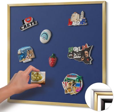 Wallfluent - Marine Magneetbord Met Effen Achtergrond - 50 cm x 50 cm - Magneetbord met Gouden Frame - Marineblauwe kleur - Magneetbord voor Foto's en Notities - Magnetisch Bord Foto Bevestiging - Magneetbord voor Reissouvenirs