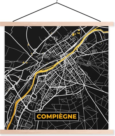 Posterhanger incl. Poster 40x40 cm - Schoolplaat - Frankrijk – Plattegrond – Kaart – Compiègne – Stadskaart - Textielposter - Blanke latten - Stadskaart