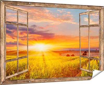 Gards Tuinposter Roze Anemoon Bloem met een Blauwe Vlinder - 90x60 cm - Tuindoek - Tuindecoratie - Wanddecoratie buiten - Tuinschilderij