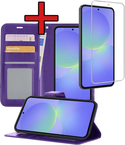 Hoesje - Met Screenprotector - Geschikt voor Samsung Galaxy A36 - Luxe Pasjeshouder - Flipcase - Bookcase Portemonee - Flip Case - Kunstleer Book Case - Book Cover - Walletcase - Portemonneehoes - Telefoonhoes - Paars