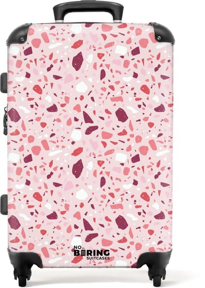 NoBoringSuitcases.com - Grote koffer - Terrazzo patroon roze - Kinderkoffer geschikt voor jongen en meisjes - Reiskoffer met 4 wielen - Trolley op wieltjes - Rolkoffer groot kinderen - 72 liter - Ruimbagage valies 20kg