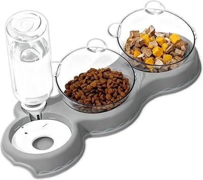 Verhoogde voerbak - Drie kommen - Katten voeren - Automatische waterdispenser - 38x10x4 cm - Grijs