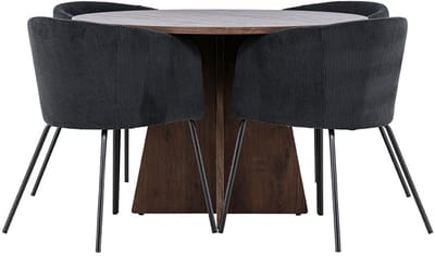 Bootcut eethoek tafel Ø110cm en 4 fluwelen stoelen met armleuningen mocca.