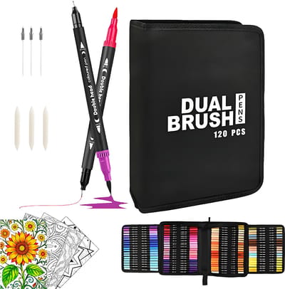 120 kleuren dubbele punt markers – Penseelpunt en fineliner – Voor kinderen en volwassenen – Inclusief zwarte opbergtas - willekeurige kleurensamenstelling – Geschikt voor tekenen, kalligrafie, schetsen en journaling
