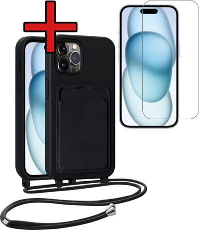 Hoesje Geschikt voor iPhone 14 Pro Max Hoesje Met Telefoonkoord en Pasjeshouder Met Screenprotector Siliconen - Hoes Geschikt voor iPhone 14 Pro Max Hoesje Met Kaarthouder Case - Zwart