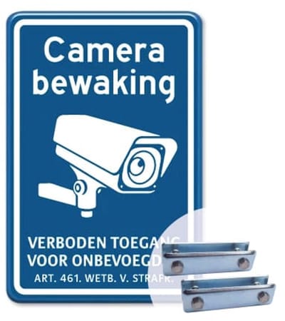 Camerabewaking - Verboden toegang - blauw - Weerbestendig Aluminium - 40x60 cm - Bevestiging: Met hekbeugels (voor spijlen- of gaashek)