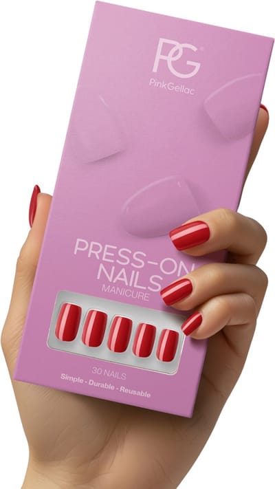 Pink Gellac Press On Nails - 109 Lipstick Red - Square Medium Plaknagels - 30 Press On Nagels Met Lijm, 30 Plakstickers, Cleaner Wipe, Nagelvijl, Woodstick en Size Matcher - Snel Aan Te Brengen Plak Nagels - Voor 7-14 Dagen Mooie Nagels