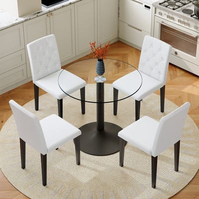 OKWISH Eettafelset 85 Cm - Ronde Glazen Tafel Met 4 Stoelen - Voor Eethoek Of Bar - Glas, Metaal En PU - Zwart Wit