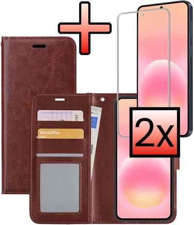 Hoesje - Met 2x Screenprotector - Geschikt voor Samsung Galaxy A57 - Luxe Pasjeshouder - Bookcase Portemonee - Flip Case - Kunstleer Book Case - Flipcase Hoes - Book Cover - Walletcase - Portemonneehoes - Bruin