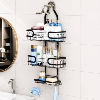 Praktische Doucheplank met 3 Niveaus, Roestvrij Organizer voor Shampoo en Zeep, Hangend en Zonder Boren met Haak en Antislip Frame