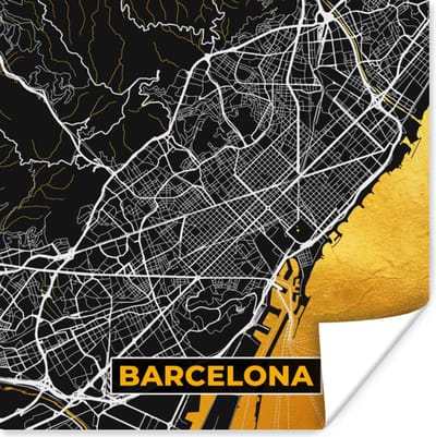 Poster Barcelona - Stadskaart - Plattegrond - Kaart - Goud - 100x100 cm XXL