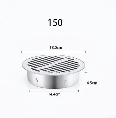Ronde, vrijstaande sifonafvoer van roestvrij staal met lekbak en anti-verstoppingsfilter, geschikt voor balkons, terrassen, dakterrassen, patio's en tuinen (diameter 150 mm).