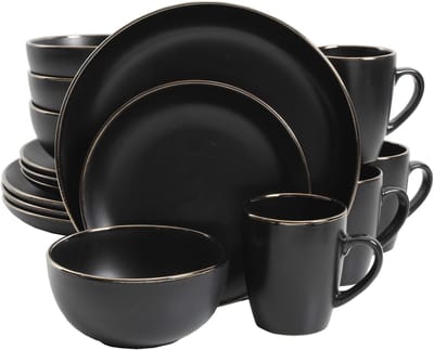 Home Rockaway serviesset van aardewerk, rond, voor 4 personen (16 stuks), zwart/gouden rand