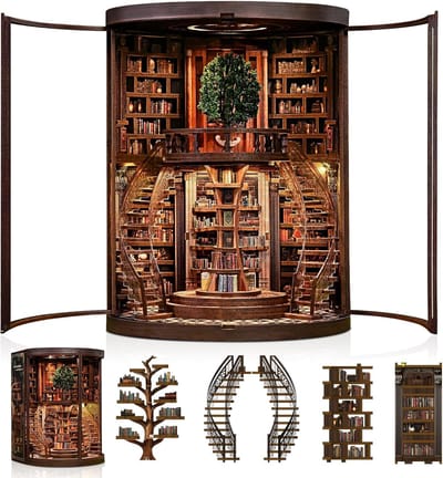 Miniatuur Bouwpakket-DIY Book Nook Kit-DIY Miniatuur Boekenkast met LED & Deur – Houten 3D Puzzel Bibliotheek – Touch Verlichting – Decoratie & Cadeau voor Volwassenen