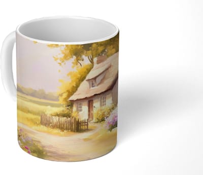 Mok - Koffiemok - Huisje - Hout - Bloemen - Mokken - 350 ML - Beker - Koffiemokken - Theemok