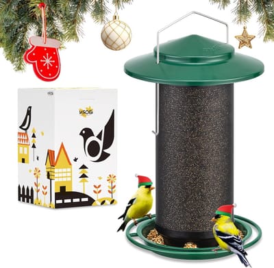 Dailygoods - iBorn Alle metalen vogelvoeders om buiten op te hangen, gaasbuisvink vogelvoeder voor distelzaad, 18 cm groot dak en lade, groen, 3 lbs (zaad is niet inbegrepen)