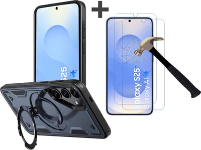 Hoesje Geschikt voor Samsung Galaxy S25 met 2 Stuks gehard glas Screenprotectors - Armor hoes met Ringhouder - Arara backcover - Navy
