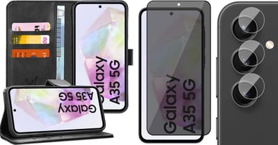 Hoesje geschikt voor Samsung Galaxy A35 - Privacy Screenprotector Volledig Dekkend Glas & Camera - Portemonnee Book Case Zwart