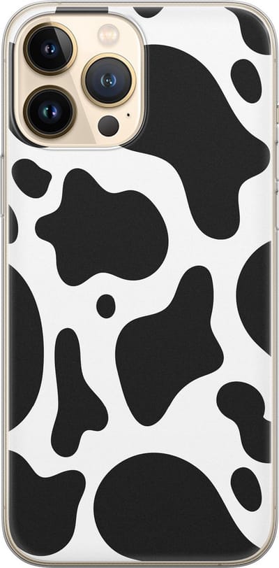 Leuke Telefoonhoesjes - Hoesje geschikt voor iPhone 13 Pro Max - Koeienprint - Soft case - TPU - Print / Illustratie - Zwart, Wit