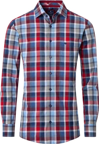 Redmond modern fit overhemd - dobby - rood - wit blauw geruit - Strijkvriendelijk - Boordmaat: 39 - 40