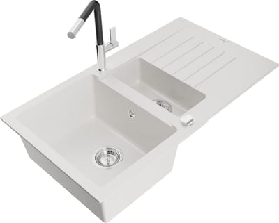 Mexen Matias granieten spoelbak 1,5-komorige met afdruiprek en keukenkraan Flora, wit - 6502-20-670401-07