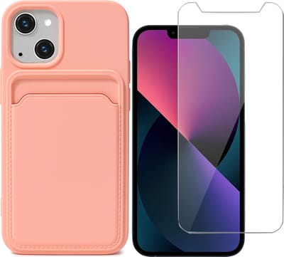 Hoesje geschikt voor iPhone 13 Pasjeshouder Roze - Siliconen Case Back Cover + Screenprotector Glas