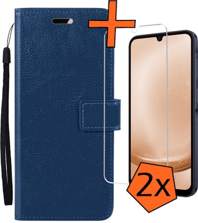 Hoes - Met 2x Screenprotector - Geschikt voor Samsung Galaxy A25 - Luxe Pasjeshouder - Bookcase Portemonee - Flip Case - Kunstleer Book Case - Flipcase Hoes - Book Cover - Walletcase - PortemonneeHoes - Donkerblauw