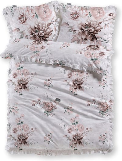 LINNICK Dekbedovertrek Katoen Cluster Floral Ruches - White - Dekbedovertrek 240x200/220cm - 100% Katoen - Lits jumeaux - Dekbedovertrekken - Bloemen Dekbedovertrek