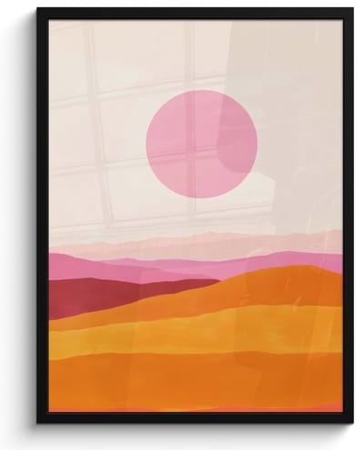 Poster in lijst - Fotolijst 50x70 cm - Posters - Heuvels - Oranje - Zon - Abstract - Posterlijst zwart - Decoratie - Wanddecoratie woonkamer - Muurdecoratie slaapkamer