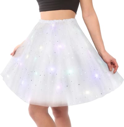 LED Tutu Rok voor Vrouwen en Tieners - Verlichte Tulle Rok voor Feestjes en Carnaval, 40 cm (Wit)
