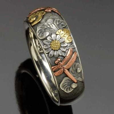 Vintage Zilver- en Roségoudkleurige Gesneden Libel Zonnebloem Ring Unieke Bloemenring Dames Verlovingsfeest Ring Sieraden 10 black