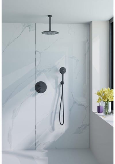 FugaFlow Eccelente Acces Inbouw Regendoucheset - rond - thermostatisch - plafondarm - glijstang - 25cm hoofddouche - ronde handdouche - metalen doucheslang - mat zwart