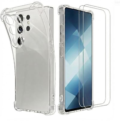 Hoesje en Glas Geschikt voor Samsung Galaxy S26 Ultra - Transparant - Casemania Anti-Shock Back Cover + 2x Glazen Screenprotector - Val/Stoot Bescherming Telefoonhoesje