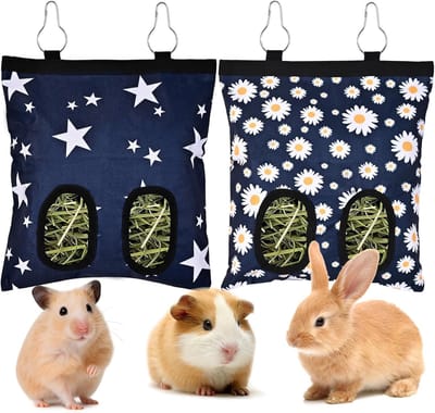 2 stuks Konijn Hooivoerzak - Voederzak Met 2 Gaten - Hooruif Cavia - Hangende voerzak - Stoffen Hooiruif Met Haakjes - Voorkomt Verspilling - voor konijnen en cavia's - 19x24cm