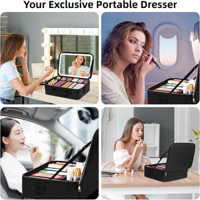 Grote zwarte reistas/koffer voor make-up met ingebouwde spiegel en LED verlichting