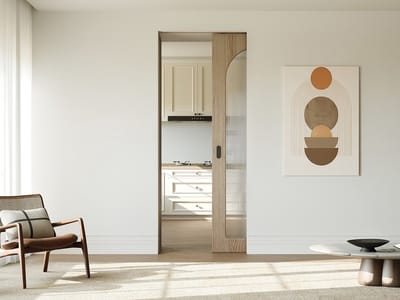 Vente-unique Schuifdeur met in de wand verdwijnsysteem in hout en MDF - boog van geribbeld gehard glas - H205 x B83 cm - ODEZA