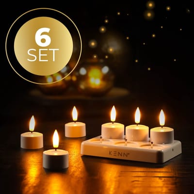 KENN® Originele Oplaadbare Waxinelichtjes – Set van 6 – Met Afstandsbediening & Timer – Inclusief Oplaadstation – Tot 120 Branduren – LED Waxinelichtjes – Oplaadbare Theelichtjes – Realistische Flikkerende Vlam – LED Kaarsen - Nep Kaarsen