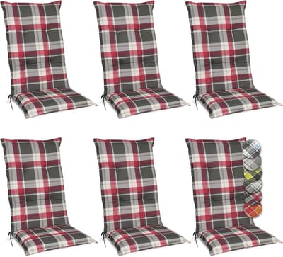 Set van 6 Tuinkussens met Hoge Rugleuning 120 x 50 cm - Comfortabele Kussens voor Tuinstoelen in Rood Grijs Gestreept
