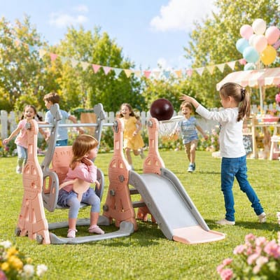 Kinderglijbaan met schommel - Speeltoestel binnen buiten - Actief spelplezier - 4-in-1 multifunctioneel - 140 x 118 x 102 cm