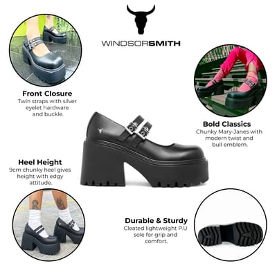 Windsorsmith Dames Zwarte Leren Mary-Jane Hak Schoenen met Dikke Plateauzool - Lessen