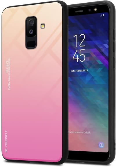Cadorabo Hoesje geschikt voor Samsung Galaxy A6 PLUS 2018 in GEEL - ROZE - Tweekleurige beschermhoes van TPU-silicone Case Cover en achterzijde van gehard glas