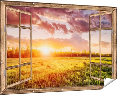 Gards Tuinposter Doorkijk Zonsopkomst in het Veld - 180x120 cm - Tuindoek - Tuindecoratie - Wanddecoratie buiten - Tuinschilderij