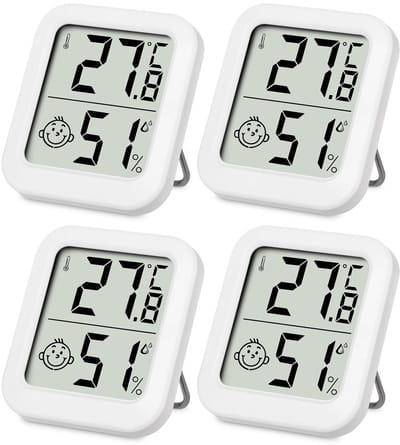 Mini Thermo-Hygrometer - Digitale Binnenkamer Thermometer met Luchtvochtigheidsmeter en Smiley Indicator - Set van 4