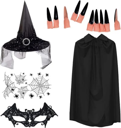 Zwarte Heksen Kostuum voor Dames - Compleet Set met Hoed, Vleermuismasker, Cape, Lange Nagels en Halloween Tatoeages voor Feesten en Verkleedpartijen