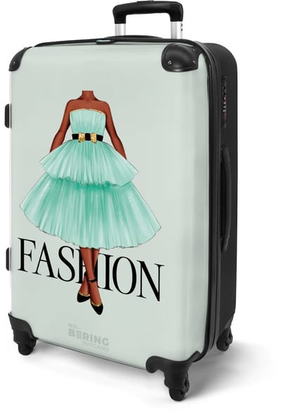 NoBoringSuitcases.com® - Koffer groot - Rolkoffer lichtgewicht - Fashion - Mintgroen met jurkillustratie - Vakantie reiskoffer met 4 wielen - Grote trolley XL - Travel suitcase large - 20 kg bagage - Ruimbagage medium met TSA slot