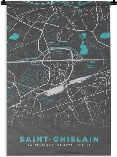 Wandkleed - Wanddoek - Stadskaart – Grijs - Kaart – Saint Ghislain – België – Plattegrond - 120x180 cm - Wandtapijt