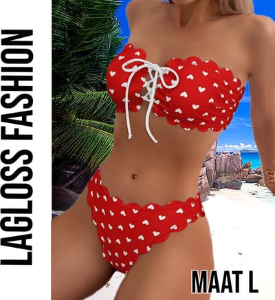 LaGloss® Rode Camisole Bikini Set met schulprand en Hartjes – Tweedelige Dames Bikini – Maat L
