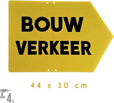 Bord/ aanwijzer | "Bouwverkeer" --> | 44 x 30 cm | Pijl naar rechts | Ideaal voor buiten | Met boorgaten | Bouwwerf | Geel | Pijlen | 1 stuk