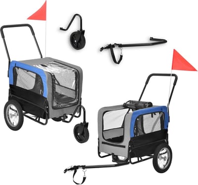 2-in-1 Fietskar voor Honden tot 20kg - Fietsaanhanger en Buggy in Blauw/Zwart